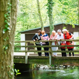 Erwachsene stehen auf Brücke beim Outdoor Kunstweg