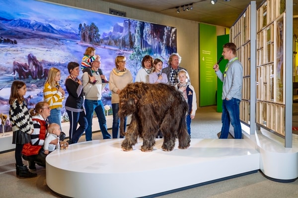 Familie lauscht Führung neben Mammut