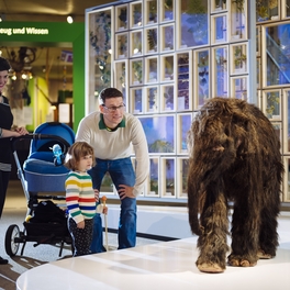 Familie mit Kinderwagen bestaunt Mammut Nachbildung