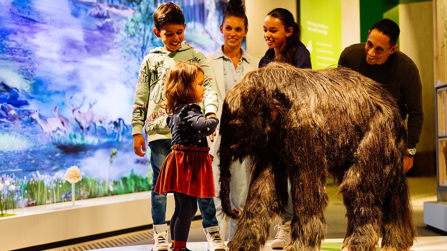 Kind steht mit Familie neben Baby Mammut in Ausstellung