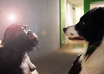 Hundekopf gegenüber vom Australopithecus afarensis "Lucy" beim DoggyDay